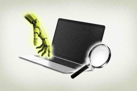 graphic of robotic hand typing on laptop and a magnifying glass