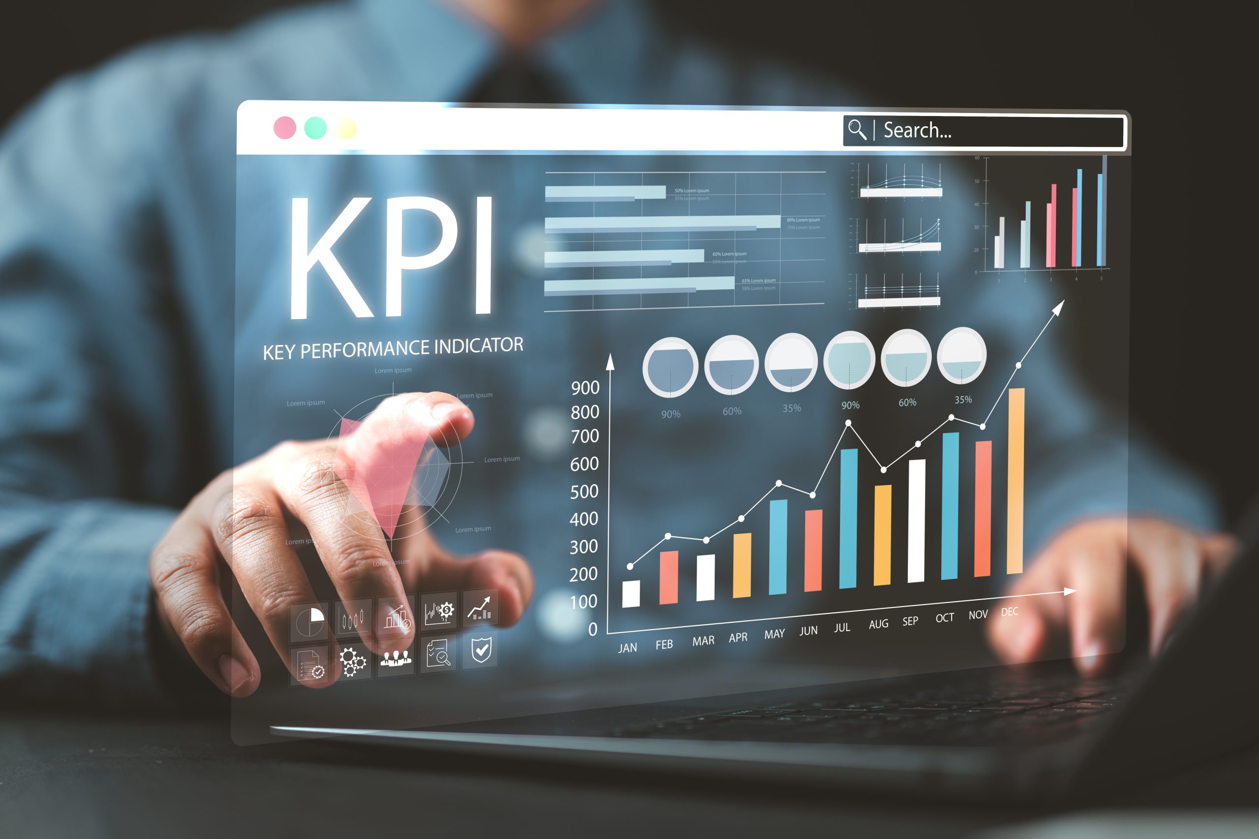 image of man sitting at his laptop with a KPI graphic floating in front of him