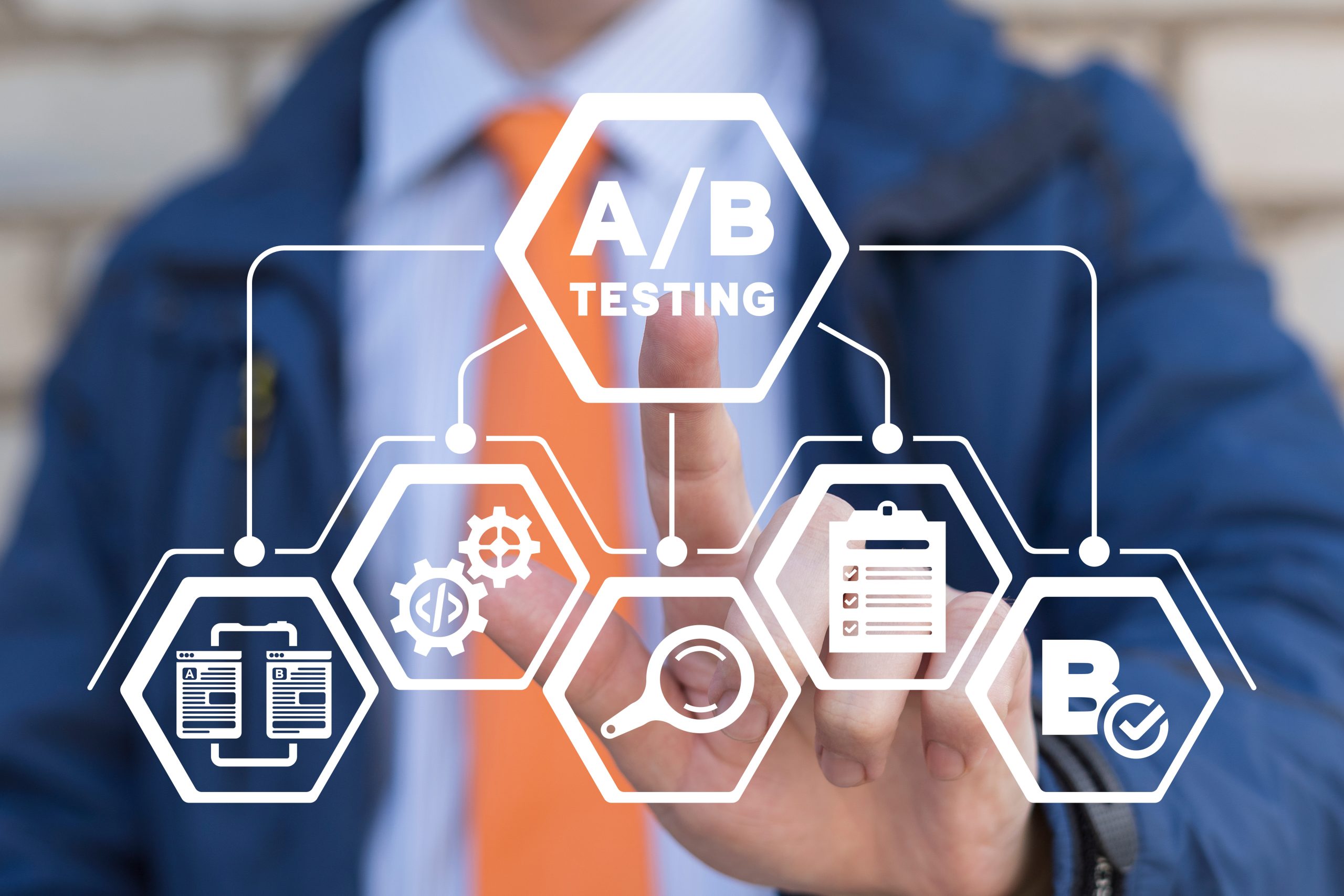 Graphic showing a man in the background who is selecting A/B Testing from a floating graphic in front of him.