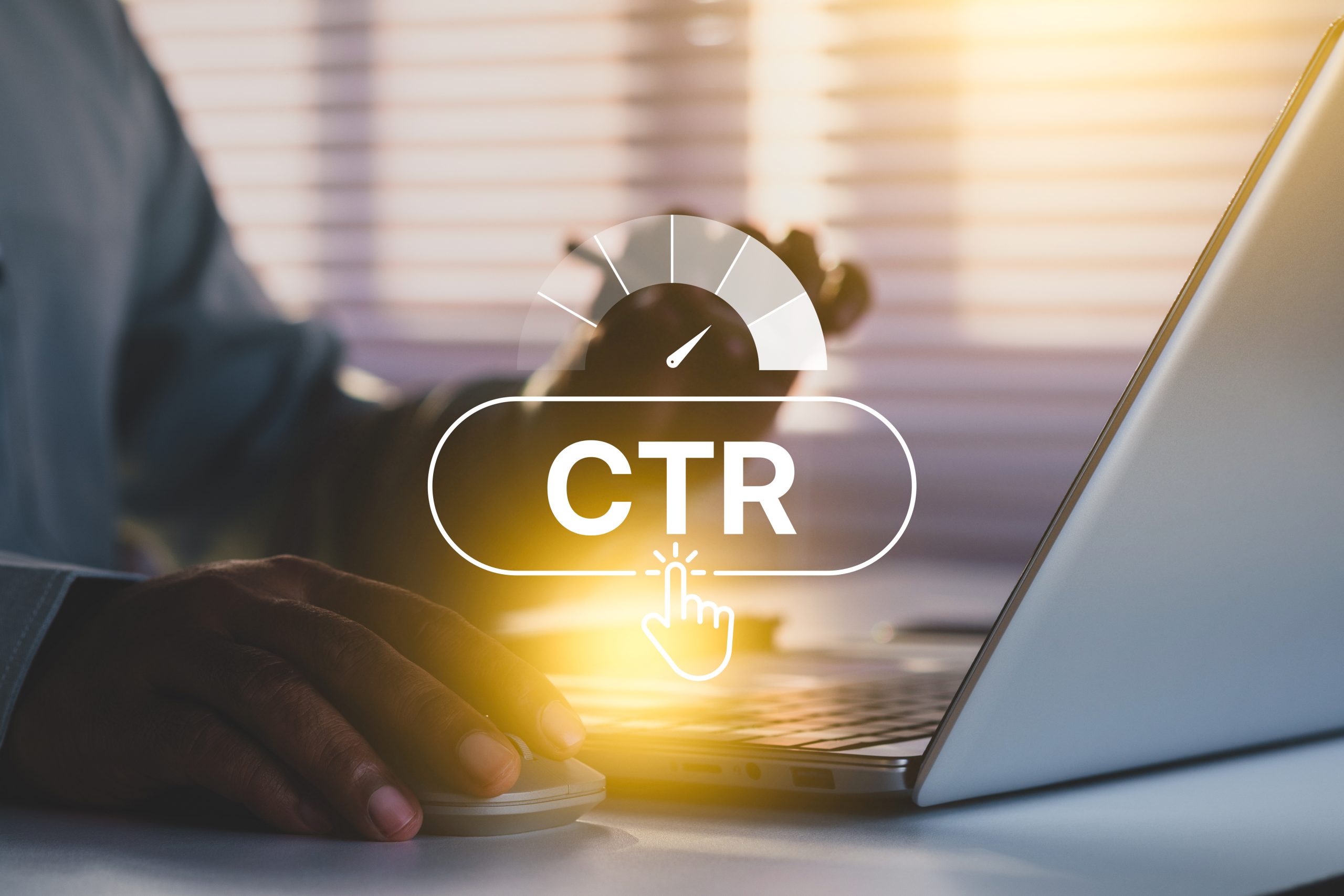 Click Through Rate CTR digital marketing performance analytics concept showing hand clicking icon with glowing light on laptop screen