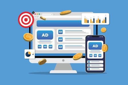 Graphic showing a monitor with display ads, targets, coins, and graphs around it
