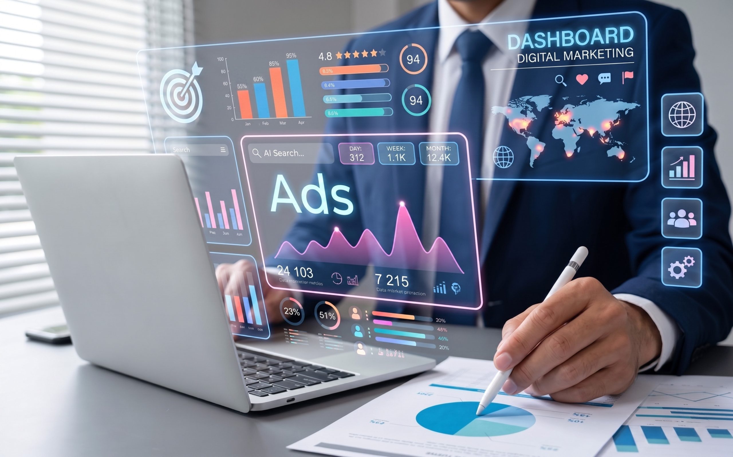man working at laptop with graphic of digital marketing dashboard