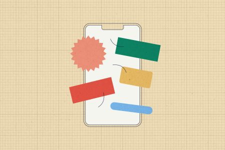 graphic of an outline of a mobile device with different colored shapes over it