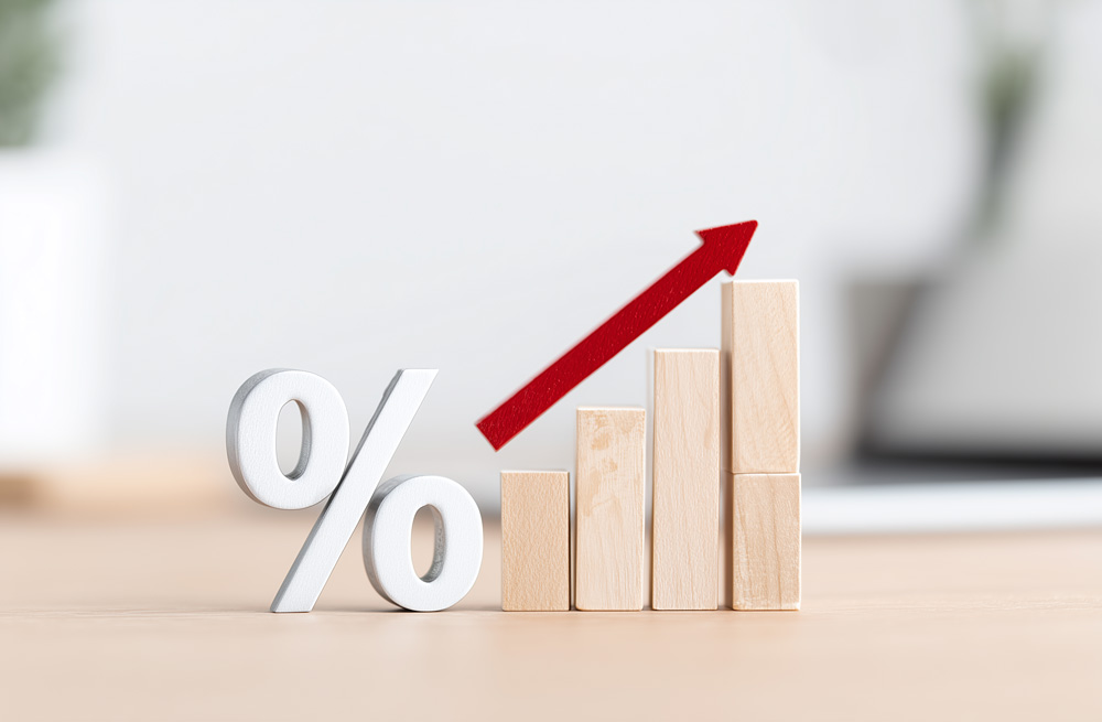 graphic with building blocks staggering up showing an up percentage